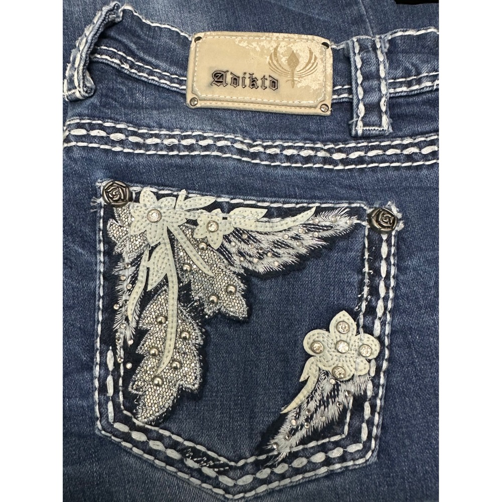 Adiktd Womens Bootcut Jeans Blue Embellished Wing Pockets Size 12/34 Rose Button